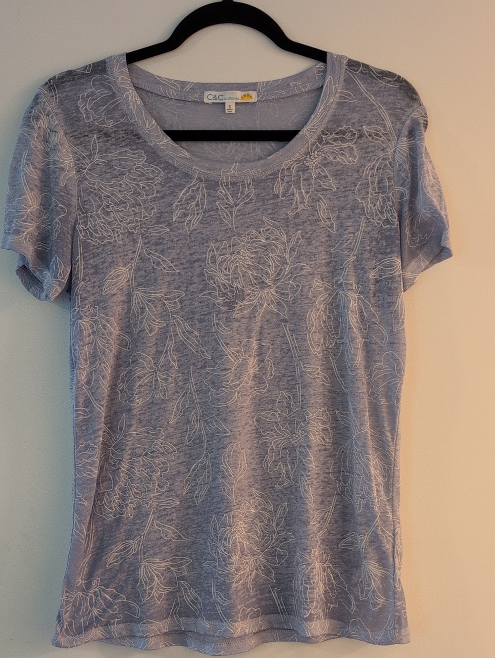 C&C California Light Blue Short Sleeve Sheer Floral Tee